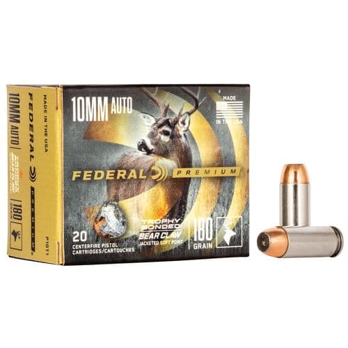 Federal P10T1 Premium 10mm Auto 180 gr Trophy Bonded Bear Claw Jacketed Soft Point (TBJSP) 20 Bx/ 10 Cs Federal P10T1 Premium 10mm Auto 180 gr Trophy Bonded Bear Claw Jacketed Soft Point (TBJSP) 20 Bx/ 10 Cs