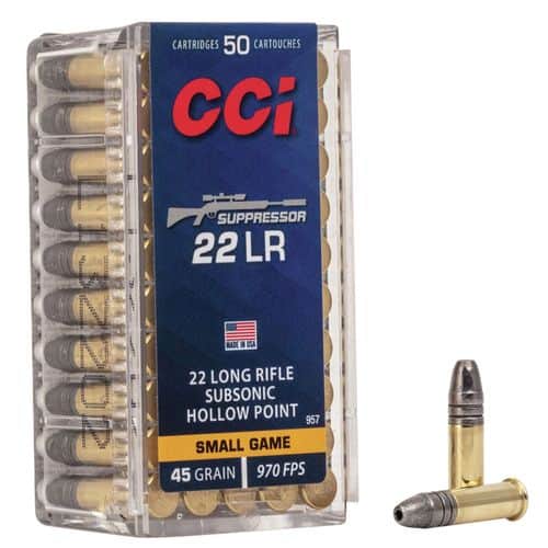 CCI 957 Suppressor Small Game 22 LR 45 gr Lead Hollow Point 50 Per Box/ 100 Case CCI 957 Suppressor Small Game 22 LR 45 gr Lead Hollow Point 50 Per Box/ 100 Case