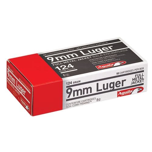 Aguila 1E092110 Pistol 9mm Luger 124 gr Full Metal Jacket (FMJ) 50 Bx/ 20 Cs Aguila 1E092110 Pistol 9mm Luger 124 gr Full Metal Jacket (FMJ) 50 Bx/ 20 Cs