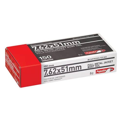 Aguila 1E762110 Rifle 7.62x51mm NATO 150 gr Full Metal Jacket Boat-Tail (FMJBT) 20 Bx/ 25 Cs Aguila 1E762110 Rifle 7.62x51mm NATO 150 gr Full Metal Jacket Boat-Tail (FMJBT) 20 Bx/ 25 Cs
