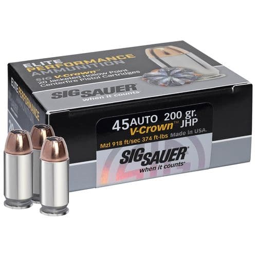 Sig Sauer E45AP220 Elite V-Crown 45 ACP 230 gr Jacketed Hollow Point (JHP) 20 Bx Sig Sauer E45AP220 Elite V-Crown 45 ACP 230 gr Jacketed Hollow Point (JHP) 20 Bx