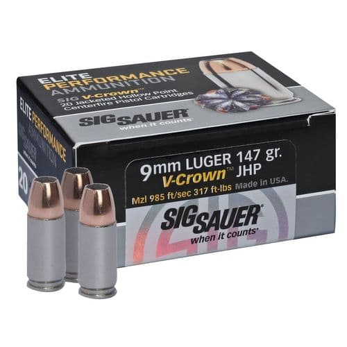 Sig Sauer Elite V-Crown 9mm Luger 147 gr Jacketed Hollow Point (JHP) - E9MMA320 Sig Sauer Elite V-Crown 9mm Luger 147 gr Jacketed Hollow Point (JHP) - E9MMA320