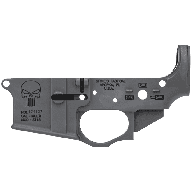 Spikes STLS015 Punisher Stripped Lower Receiver Multi-Caliber 7075-T6 Aluminum Black Anodized for AR-15 Spikes STLS015 Punisher Stripped Lower Receiver Multi-Caliber 7075-T6 Aluminum Black Anodized for AR-15