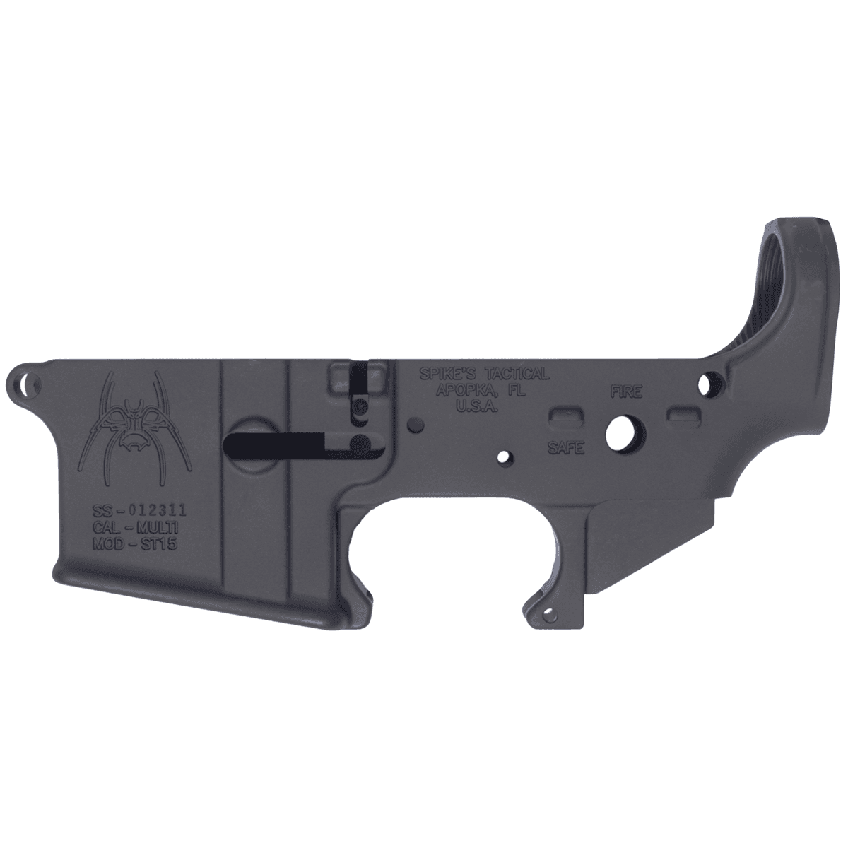 Spikes STLS018 Spider Stripped Lower Receiver with Fire & Safe Markings Multi-Caliber 7075-T6 Aluminum Black Anodized for AR-15 Spikes STLS018 Spider Stripped Lower Receiver with Fire & Safe Markings Multi-Caliber 7075-T6 Aluminum Black Anodized for AR-15