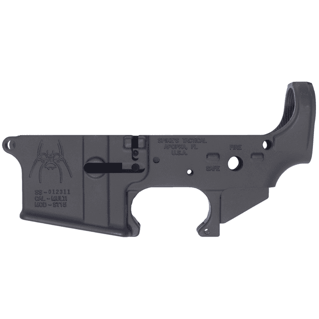 Spikes STLS018 Spider Stripped Lower Receiver with Fire & Safe Markings Multi-Caliber 7075-T6 Aluminum Black Anodized for AR-15 Spikes STLS018 Spider Stripped Lower Receiver with Fire & Safe Markings Multi-Caliber 7075-T6 Aluminum Black Anodized for AR-15