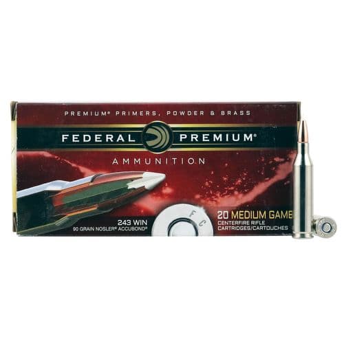 Federal P243A1 Premium 243 Win 90 gr Nosler Accubond (AB) 20 Bx/ 10 Cs Federal P243A1 Premium 243 Win 90 gr Nosler Accubond (AB) 20 Bx/ 10 Cs