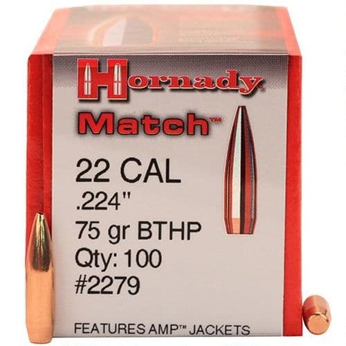 Hornady 2279 Match 22 Cal .224 75 gr Hollow Point Boat Tail Match 100 Per Box Hornady 2279 Match 22 Cal .224 75 gr Hollow Point Boat Tail Match 100 Per Box