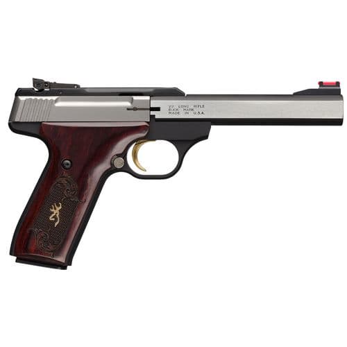 Browning 051543490 Buck Mark Medallion 22 LR 5.50" 10+1 Black Stainless Steel Slide Rosewood with Integrated Gold Buck Mark Inlay Grip FO Sights Browning 051543490 Buck Mark Medallion 22 LR 5.50" 10+1 Black Stainless Steel Slide Rosewood with Integrated Gold Buck Mark Inlay Grip FO Sights