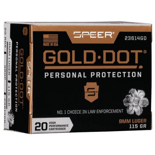 Speer Ammo 23614GD Gold Dot Personal Protection 9mm Luger 115 gr Hollow Point (HP) 20 Bx/ 10 Cs Speer Ammo 23614GD Gold Dot Personal Protection 9mm Luger 115 gr Hollow Point (HP) 20 Bx/ 10 Cs