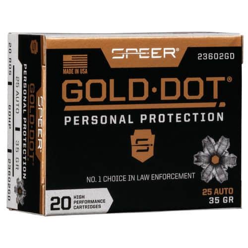 Speer Ammo 23602GD Gold Dot Personal Protection 25 ACP 35 gr Hollow Point (HP) 20 Bx Speer Ammo 23602GD Gold Dot Personal Protection 25 ACP 35 gr Hollow Point (HP) 20 Bx