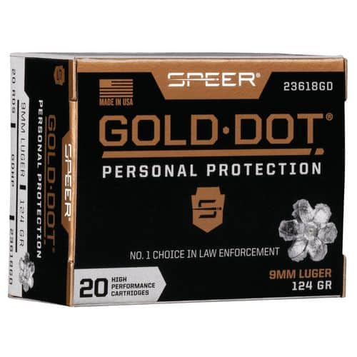 Speer Ammo 23618GD Gold Dot Personal Protection 9mm Luger 124 gr Hollow Point (HP) 20 Bx Speer Ammo 23618GD Gold Dot Personal Protection 9mm Luger 124 gr Hollow Point (HP) 20 Bx