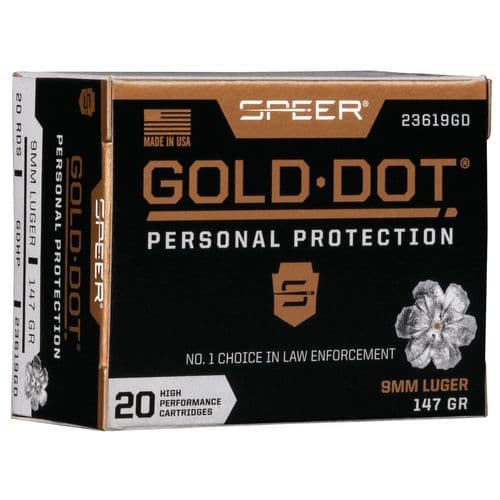 Speer Ammo 23619GD Gold Dot Personal Protection 9mm Luger 147 gr Hollow Point (HP) 20 Bx/ 10 Cs Speer Ammo 23619GD Gold Dot Personal Protection 9mm Luger 147 gr Hollow Point (HP) 20 Bx/ 10 Cs