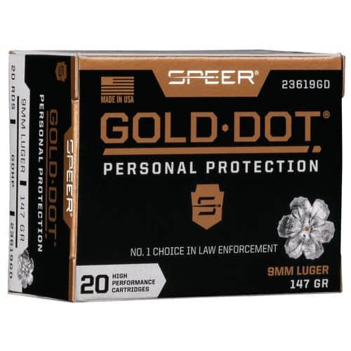 Speer Ammo 23619GD Gold Dot Personal Protection 9mm Luger 147 gr Hollow Point (HP) 20 Bx/ 10 Cs Speer Ammo 23619GD Gold Dot Personal Protection 9mm Luger 147 gr Hollow Point (HP) 20 Bx/ 10 Cs