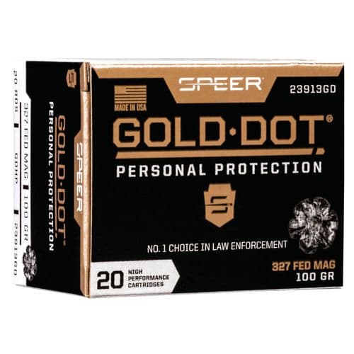 Speer Ammo 23913GD Gold Dot Personal Protection 327 Federal Mag 100 gr Hollow Point (HP) 20 Bx/ 10 Cs Speer Ammo 23913GD Gold Dot Personal Protection 327 Federal Mag 100 gr Hollow Point (HP) 20 Bx/ 10 Cs