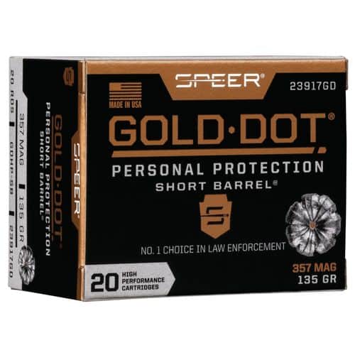 Speer Ammo 23917GD Gold Dot Personal Protection 357 Mag 135 gr Hollow Point (HP) 20 Bx/ 10 Cs Speer Ammo 23917GD Gold Dot Personal Protection 357 Mag 135 gr Hollow Point (HP) 20 Bx/ 10 Cs
