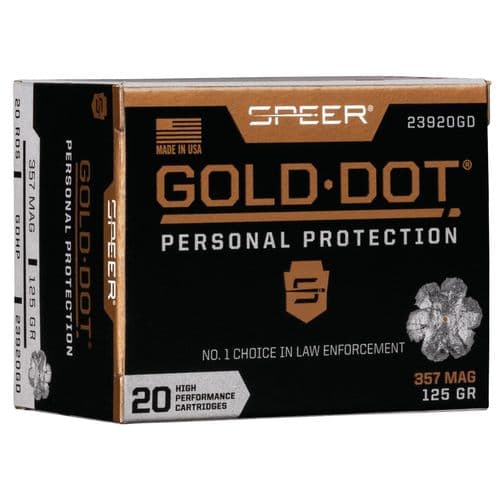 Speer Ammo 23920GD Gold Dot Personal Protection 357 Mag 125 gr Hollow Point (HP) 20 Bx/ 10 Cs Speer Ammo 23920GD Gold Dot Personal Protection 357 Mag 125 gr Hollow Point (HP) 20 Bx/ 10 Cs