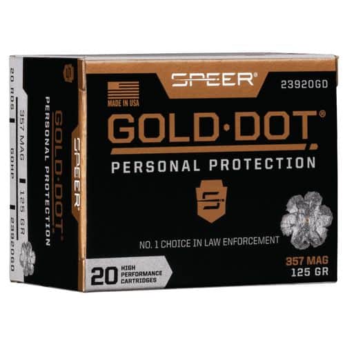 Speer Ammo 23920GD Gold Dot Personal Protection 357 Mag 125 gr Hollow Point (HP) 20 Bx/ 10 Cs Speer Ammo 23920GD Gold Dot Personal Protection 357 Mag 125 gr Hollow Point (HP) 20 Bx/ 10 Cs