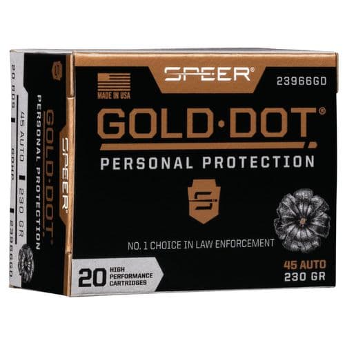 Speer Ammo 23966GD Gold Dot Personal Protection 45 ACP 230 gr Hollow Point (HP) 20 Bx/ 10 Cs Speer Ammo 23966GD Gold Dot Personal Protection 45 ACP 230 gr Hollow Point (HP) 20 Bx/ 10 Cs