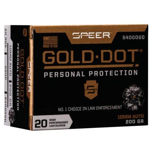 Speer Ammo Gold Dot Personal Protection 10mm Auto 200gr Hollow Point 20 Per Box 54000GD Speer Ammo Gold Dot Personal Protection 10mm Auto 200gr Hollow Point 20 Per Box 54000GD