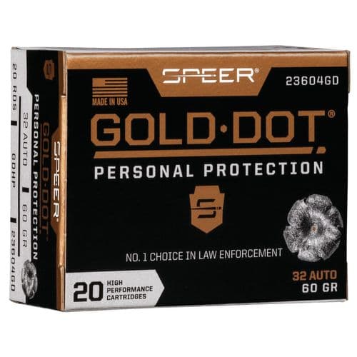 Speer Ammo 23604GD Gold Dot Personal Protection 32 ACP 60 gr Hollow Point (HP) 20 Bx/ 10 Cs Speer Ammo 23604GD Gold Dot Personal Protection 32 ACP 60 gr Hollow Point (HP) 20 Bx/ 10 Cs
