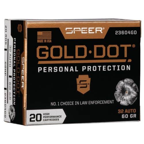 Speer Ammo 23604GD Gold Dot Personal Protection 32 ACP 60 gr Hollow Point (HP) 20 Bx/ 10 Cs Speer Ammo 23604GD Gold Dot Personal Protection 32 ACP 60 gr Hollow Point (HP) 20 Bx/ 10 Cs