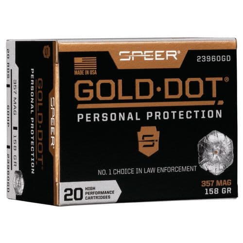 Speer Ammo 23960GD Gold Dot Personal Protection 357 Mag 158 gr Hollow Point (HP) 20 Bx/ 10 Cs Speer Ammo 23960GD Gold Dot Personal Protection 357 Mag 158 gr Hollow Point (HP) 20 Bx/ 10 Cs