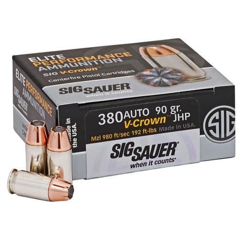 Sig Sauer E380A150 Elite V-Crown 380 ACP 90 gr Jacketed Hollow Point (JHP) 50 Bx/ 20 Cs Sig Sauer E380A150 Elite V-Crown 380 ACP 90 gr Jacketed Hollow Point (JHP) 50 Bx/ 20 Cs