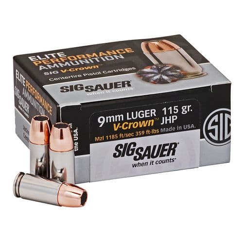 Sig Sauer Elite Defense 9mm Luger 115 gr 1185 fps V-Crown Jacketed Hollow Point (VJHP) - E9MMA150 Sig Sauer Elite Defense 9mm Luger 115 gr 1185 fps V-Crown Jacketed Hollow Point (VJHP) - E9MMA150