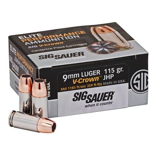 Sig Sauer Elite Defense 9mm Luger 115 gr 1185 fps V-Crown Jacketed Hollow Point (VJHP) - E9MMA150 Sig Sauer Elite Defense 9mm Luger 115 gr 1185 fps V-Crown Jacketed Hollow Point (VJHP) - E9MMA150