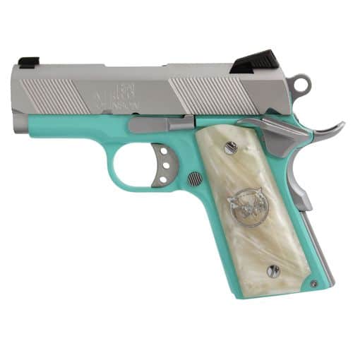 Iver Johnson Arms THRASHERTB9 1911 Thrasher Officer 70 Series 9mm Luger 3.13" 8+1 Tiffany Blue Cerakote Silver Cerakote White Synthetic Pearl Grip Iver Johnson Arms THRASHERTB9 1911 Thrasher Officer 70 Series 9mm Luger 3.13" 8+1 Tiffany Blue Cerakote Silver Cerakote White Synthetic Pearl Grip