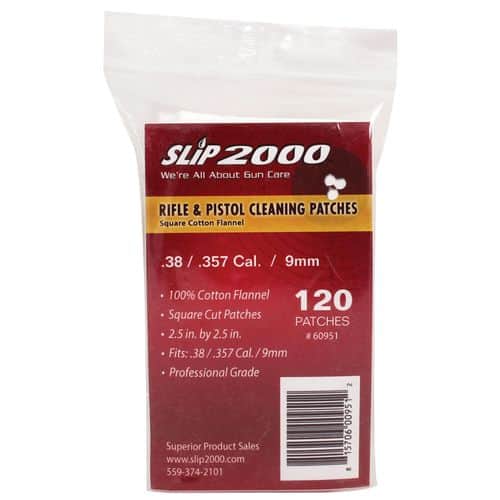 SLIP 2000 60951 Rifle and Handgun Cleaning Patches .38/.357/9mm/10mm 2.5" x 2.5" 120 Per Bag SLIP 2000 60951 Rifle and Handgun Cleaning Patches .38/.357/9mm/10mm 2.5" x 2.5" 120 Per Bag