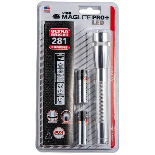 Maglite SP+P10H Mini Maglite Pro+ Holster Pack Silver Aluminum White LED 245 Lumens 181 Meters Range AA(2) Maglite SP+P10H Mini Maglite Pro+ Holster Pack Silver Aluminum White LED 245 Lumens 181 Meters Range AA(2)