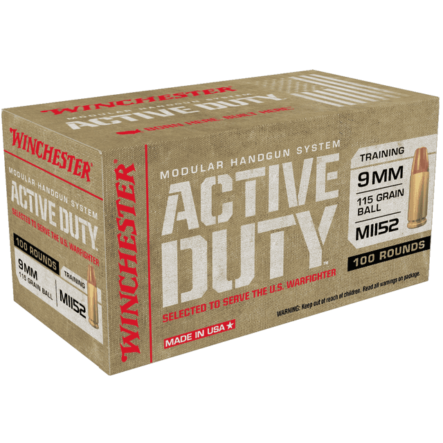Winchester Active Duty Mil-Spec 9mm Luger 115 gr Ammunition 100 Per Box Winchester Active Duty Mil-Spec 9mm Luger 115 gr Ammunition 100 Per Box