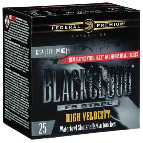 Federal PWBXH1434 Black Cloud FS Steel High Velocity 12 Gauge 3" 1 1/8 oz 4 Shot 25 Bx/ 10 Cs Federal PWBXH1434 Black Cloud FS Steel High Velocity 12 Gauge 3" 1 1/8 oz 4 Shot 25 Bx/ 10 Cs