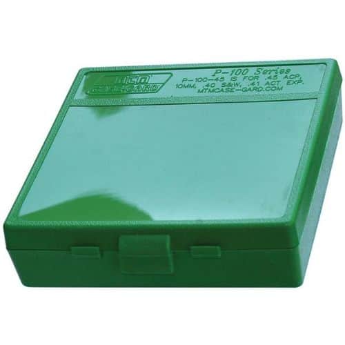 MTM Case-Gard P-100-45 Handgun Ammo Box for 100 Rounds of .40/10mm/.45 ACP Cal Ammo - Green MTM Case-Gard P-100-45 Handgun Ammo Box for 100 Rounds of .40/10mm/.45 ACP Cal Ammo - Green