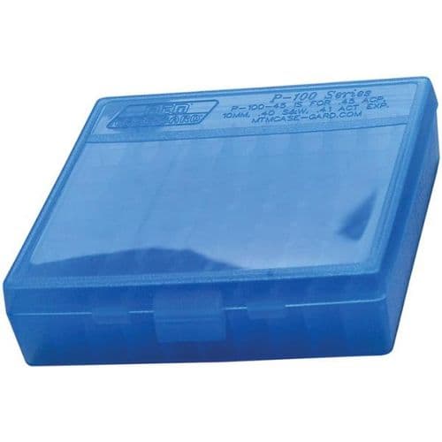 MTM Case-Gard P-100-45 Handgun Ammo Box for 100 Rounds of .40/10mm/.45 ACP Cal Ammo - Blue MTM Case-Gard P-100-45 Handgun Ammo Box for 100 Rounds of .40/10mm/.45 ACP Cal Ammo - Blue