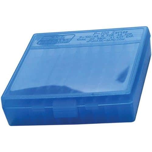 MTM Case-Gard P-100-45 Handgun Ammo Box for 100 Rounds of .40/10mm/.45 ACP Cal Ammo - Blue MTM Case-Gard P-100-45 Handgun Ammo Box for 100 Rounds of .40/10mm/.45 ACP Cal Ammo - Blue