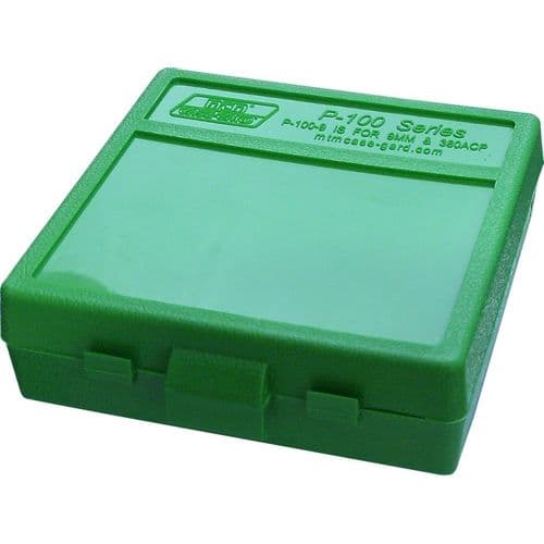 MTM Case-Gard P-100-9 Handgun Ammo Box for 100 Rounds of .380-9mm Cal Ammo - Green MTM Case-Gard P-100-9 Handgun Ammo Box for 100 Rounds of .380-9mm Cal Ammo - Green