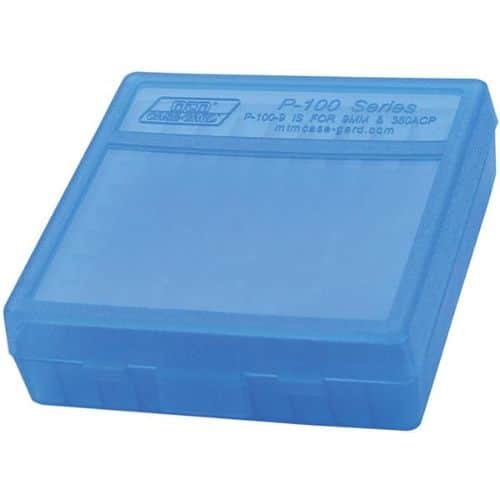 MTM Case-Gard P-100-9 Handgun Ammo Box for 100 Rounds of .380-9mm Cal Ammo - Blue MTM Case-Gard P-100-9 Handgun Ammo Box for 100 Rounds of .380-9mm Cal Ammo - Blue