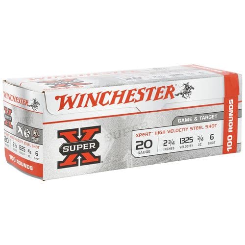 Winchester Ammo Super X Xpert High Velocity 20 Gauge 2.75" 3/4 oz 6 Shot 100 Per Bx/ 2 Case Value Pack - WE20GTVP6 Winchester Ammo Super X Xpert High Velocity 20 Gauge 2.75" 3/4 oz 6 Shot 100 Per Bx/ 2 Case Value Pack - WE20GTVP6