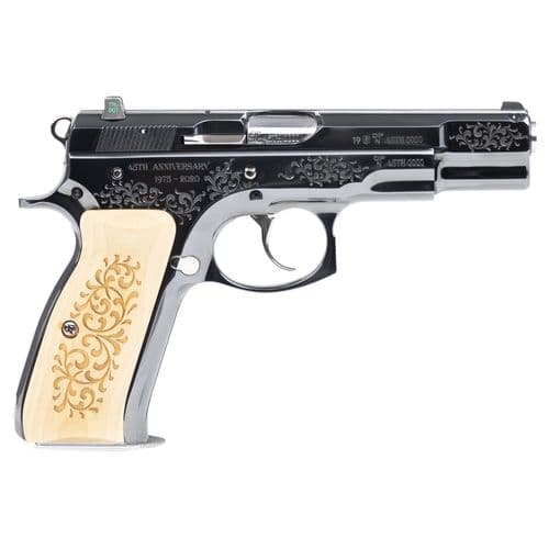 CZ 91137 CZ 75 B 45th Anniversary 9mm Luger 4.60" 16+1 Gloss Blued Engraved Wood Engraved Grip CZ 91137 CZ 75 B 45th Anniversary 9mm Luger 4.60" 16+1 Gloss Blued Engraved Wood Engraved Grip