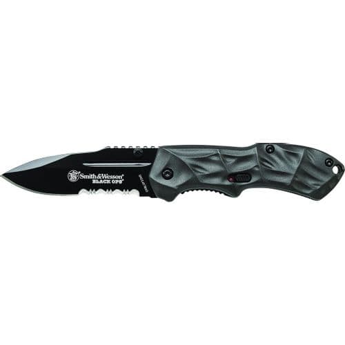 Smith & Wesson Black Ops Mini M.A.G.I.C. Assisted Opening Liner Lock Folding Knife Drop Partially Serrated Blade with Aluminum Handle Smith & Wesson Black Ops Mini M.A.G.I.C. Assisted Opening Liner Lock Folding Knife Drop Partially Serrated Blade with Aluminum Handle