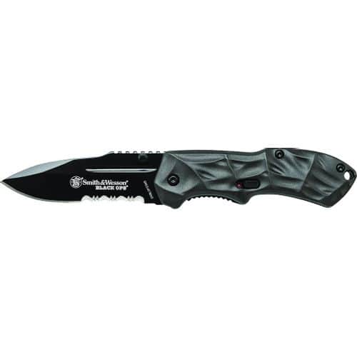 Smith & Wesson Black Ops Mini M.A.G.I.C. Assisted Opening Liner Lock Folding Knife Drop Partially Serrated Blade with Aluminum Handle Smith & Wesson Black Ops Mini M.A.G.I.C. Assisted Opening Liner Lock Folding Knife Drop Partially Serrated Blade with Aluminum Handle
