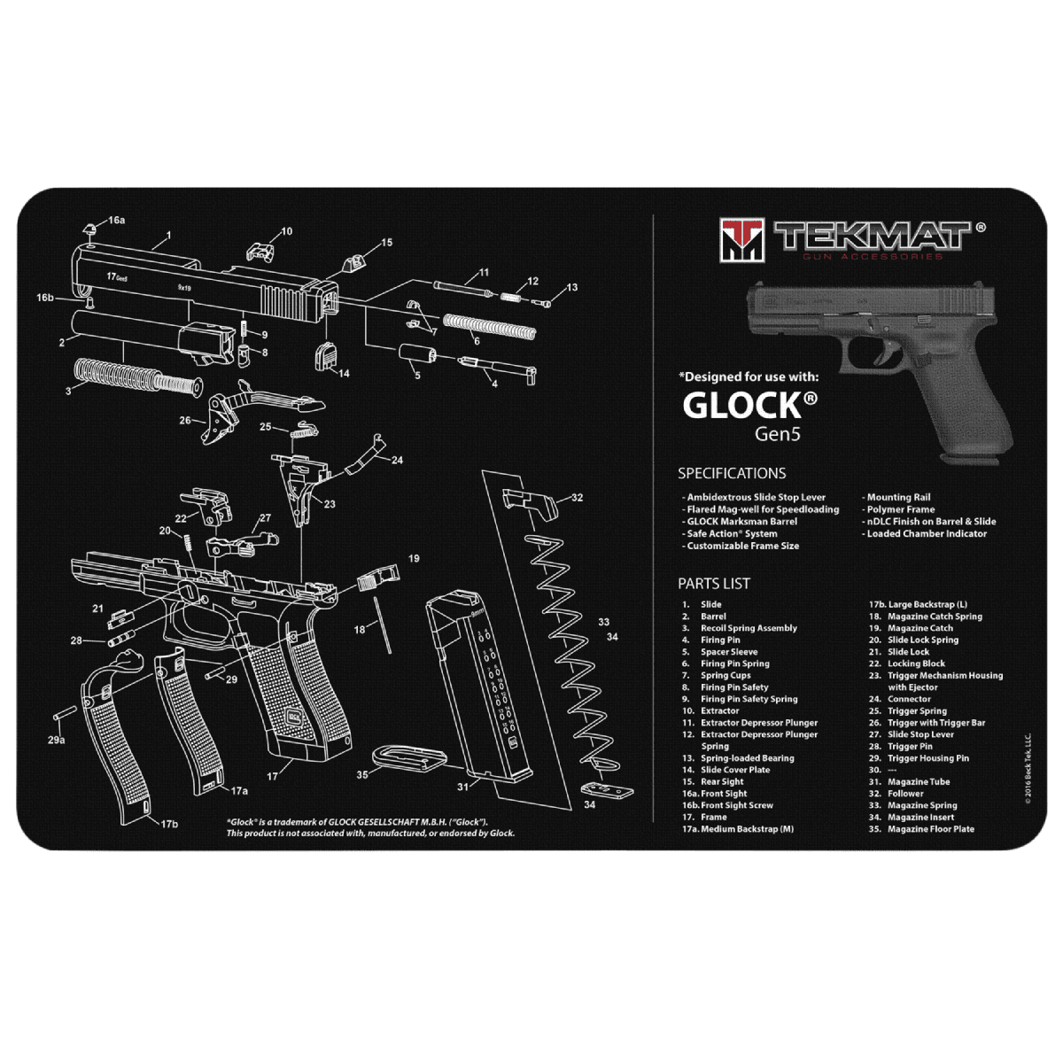 TekMat Original Cleaning Mat featuring Glock Gen 5 Parts Diagram 11" x 17" TekMat Original Cleaning Mat featuring Glock Gen 5 Parts Diagram 11" x 17"