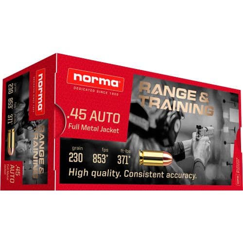 Norma Ammunition (RUAG) 620840050 Range and Training 45 ACP 230 gr Full Metal Jacket (FMJ) 50 Bx/ 20 Cs Norma Ammunition (RUAG) 620840050 Range and Training 45 ACP 230 gr Full Metal Jacket (FMJ) 50 Bx/ 20 Cs
