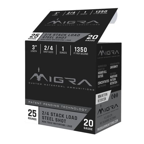 MIGRA AMMUNITION M20S24 Combinational 20 Gauge 3" 1 oz 2,4 Shot 25 Bx/ 10 Cs MIGRA AMMUNITION M20S24 Combinational 20 Gauge 3" 1 oz 2,4 Shot 25 Bx/ 10 Cs