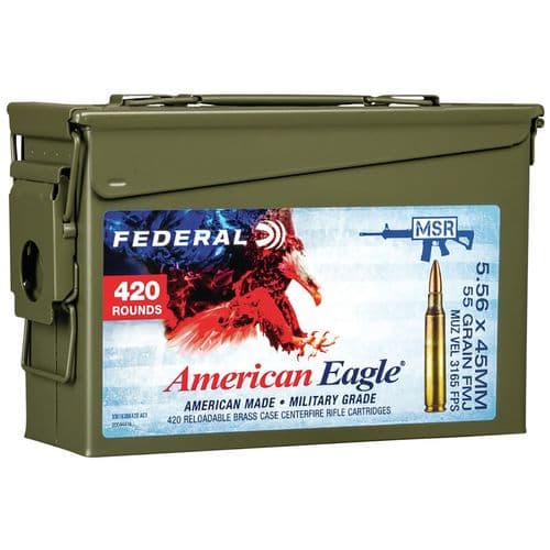 Federal American Eagle 5.56x45mm NATO 55 gr Full Metal Jacket Boat-Tail (FMJBT) 420 Bx/ 1 Cs Ammo Can Federal American Eagle 5.56x45mm NATO 55 gr Full Metal Jacket Boat-Tail (FMJBT) 420 Bx/ 1 Cs Ammo Can