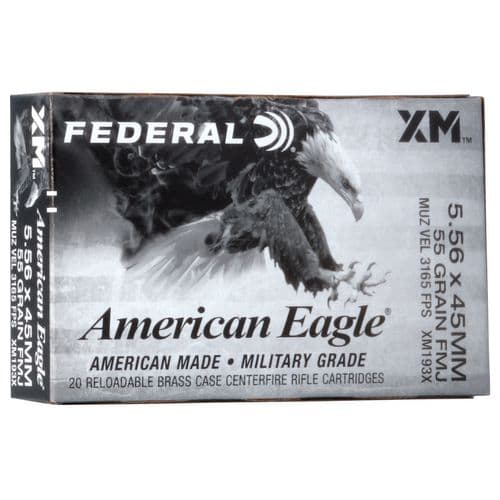 Federal XM193X American Eagle 5.56x45mm NATO 55 gr Full Metal Jacket Boat-Tail (FMJBT) 20 Bx/ 25 Cs Federal XM193X American Eagle 5.56x45mm NATO 55 gr Full Metal Jacket Boat-Tail (FMJBT) 20 Bx/ 25 Cs
