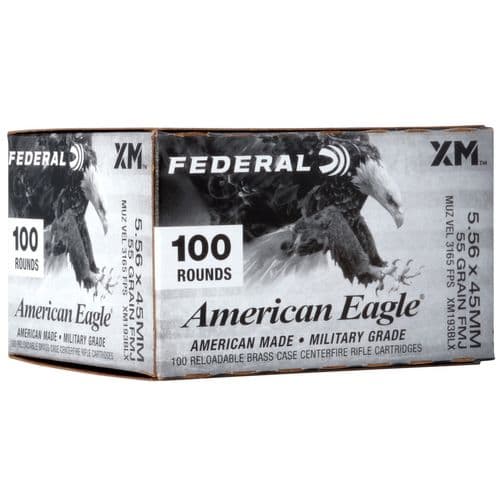 Federal XM193BLX American Eagle 5.56x45mm NATO 55 gr Full Metal Jacket Boat-Tail (FMJBT) 100 Bx/ 5 Cs Federal XM193BLX American Eagle 5.56x45mm NATO 55 gr Full Metal Jacket Boat-Tail (FMJBT) 100 Bx/ 5 Cs