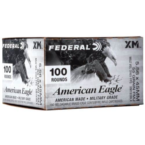 Federal XM193BLX American Eagle 5.56x45mm NATO 55 gr Full Metal Jacket Boat-Tail (FMJBT) 100 Bx/ 5 Cs Federal XM193BLX American Eagle 5.56x45mm NATO 55 gr Full Metal Jacket Boat-Tail (FMJBT) 100 Bx/ 5 Cs